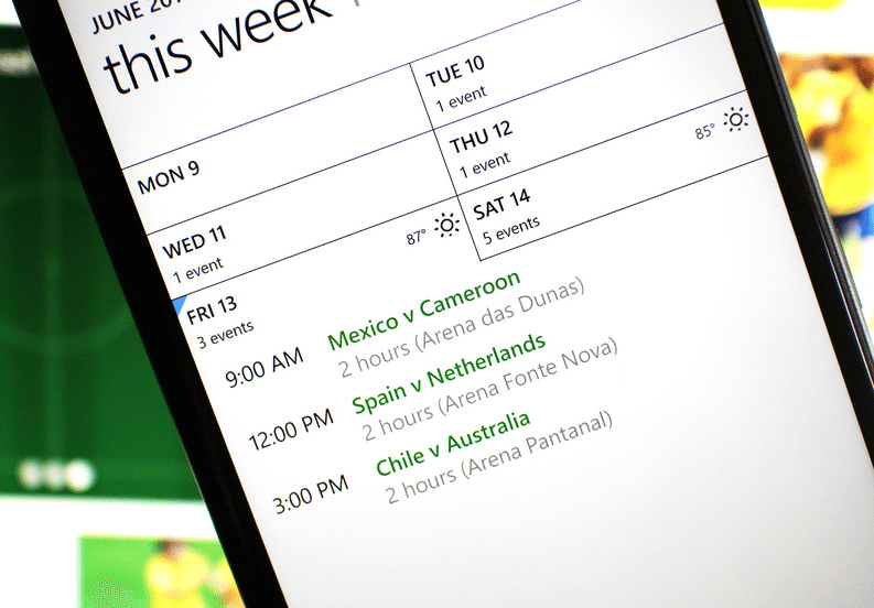 FIFA World Cup 2014 schedule on Windows Phone Calendar